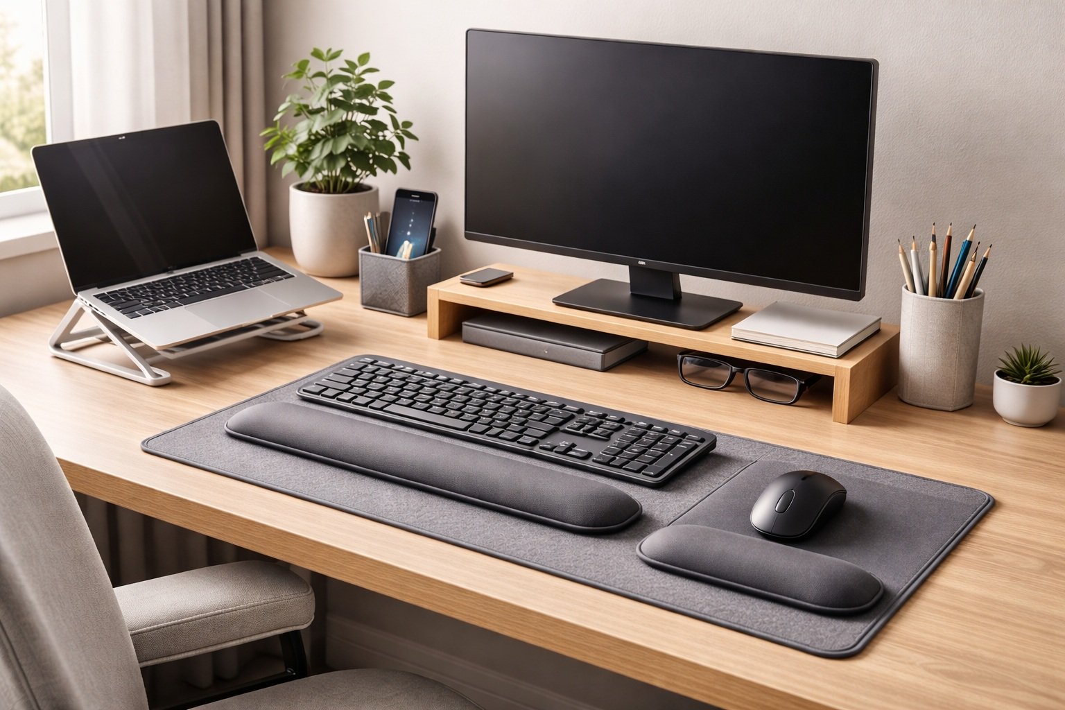Accesorios ergonómicos básicos para escritorio en un espacio de trabajo cómodo