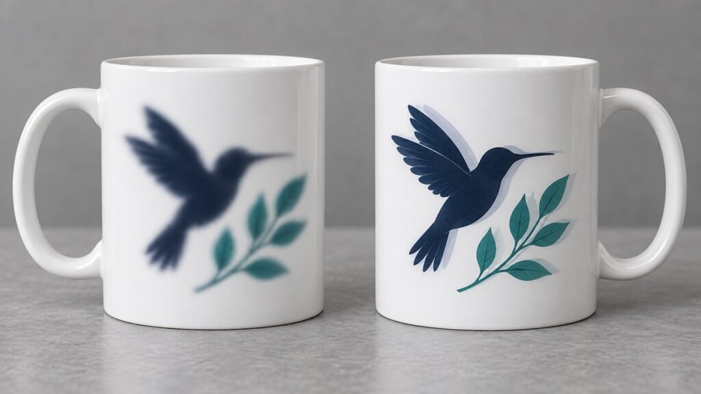 Comparación ilustrativa entre sublimación borrosa y una imagen con contorno doble en tazas