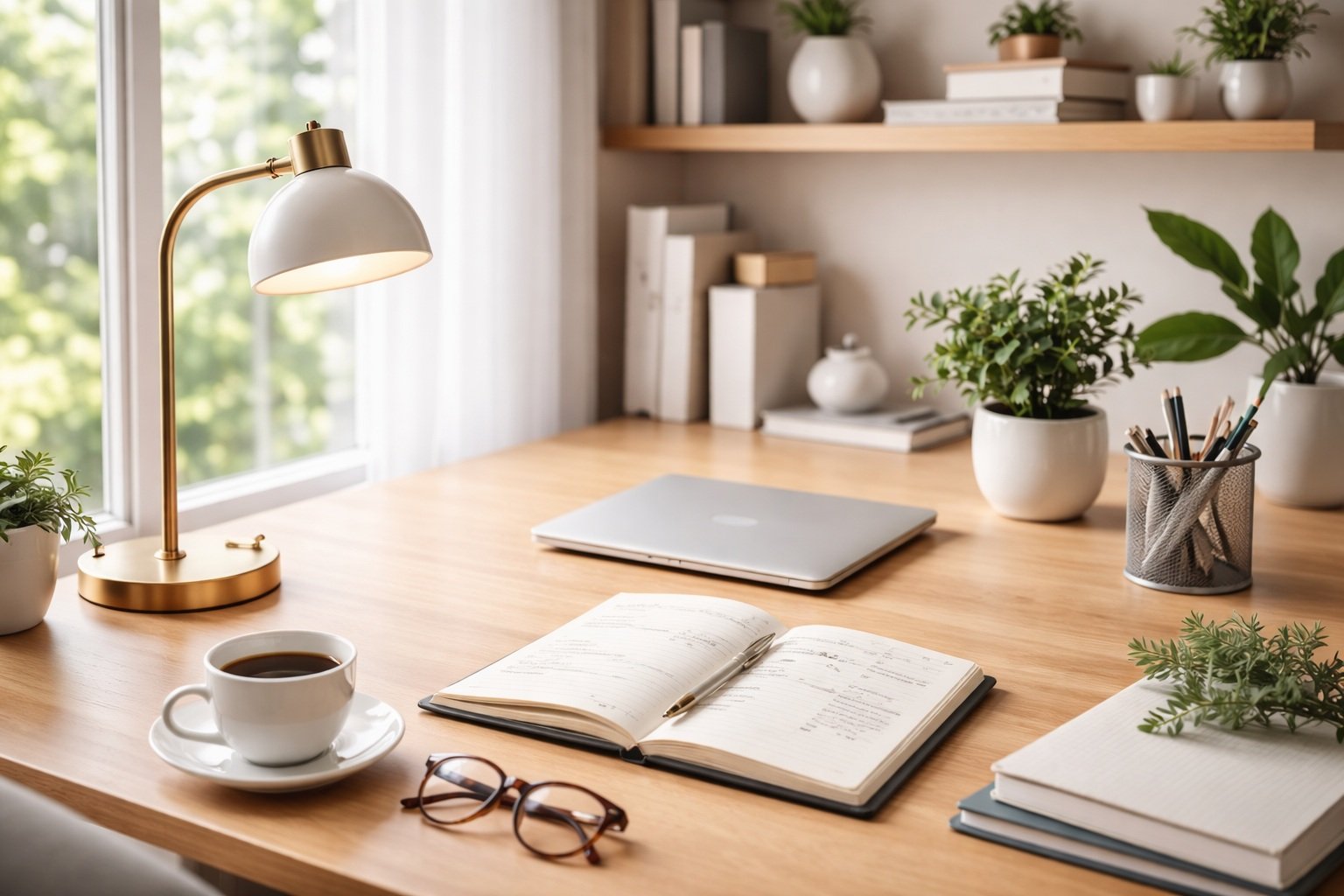 Iluminación para escritorio con luz natural y lámpara en oficina en casa