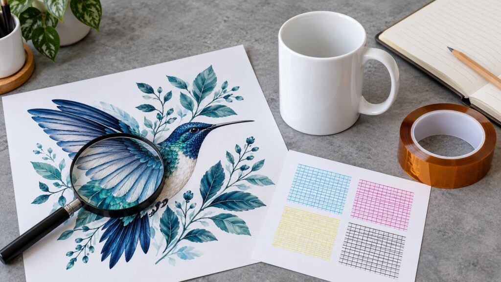 Ilustración de la revisión del papel impreso con lupa y patrones de colores antes de sublimar una taza
