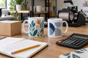 Tazas sublimadas junto a una calculadora, una libreta y una caja de empaque en una mesa de trabajo.