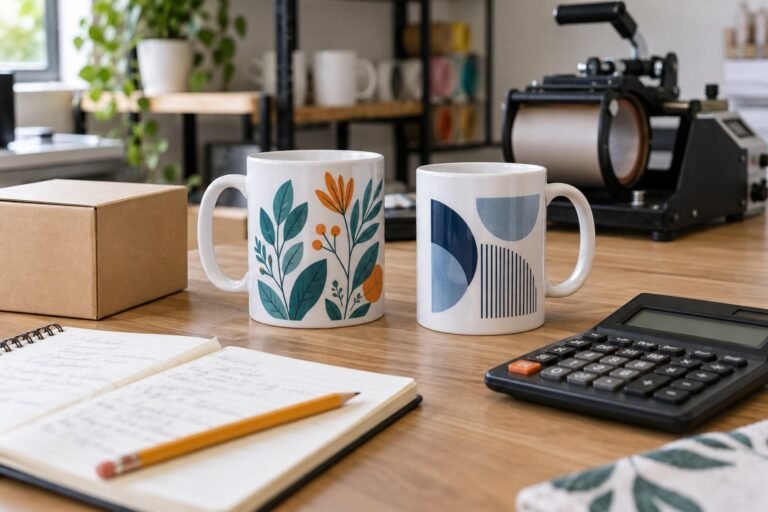 Tazas sublimadas junto a una calculadora, una libreta y una caja de empaque en una mesa de trabajo.