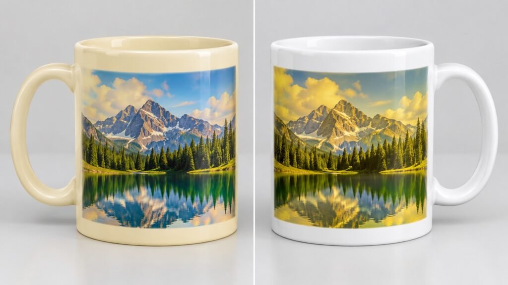 Comparación entre el amarillamiento de la taza y el tono amarillo de la imagen sublimada