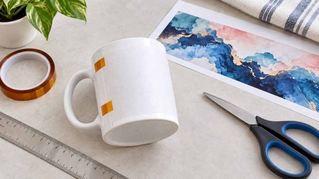 Diseño colocado con cinta térmica para sublimar una taza de 11 oz