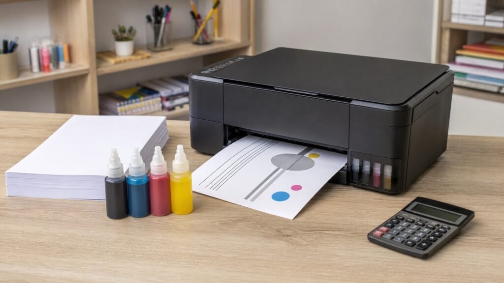 Impresora, papel y botellas de tinta para calcular cuánto cuesta imprimir una hoja