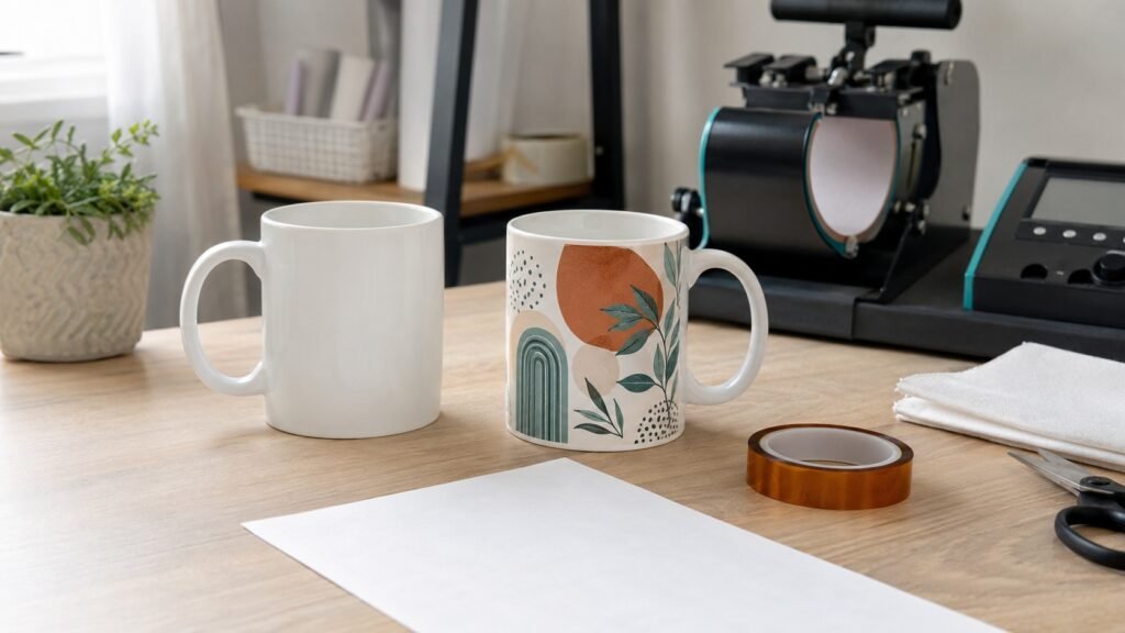 Taza blanca, taza decorada y plancha para calcular cuánto cuesta sublimar una taza