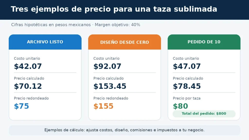 Comparación del costo y precio calculado para una taza con archivo listo, diseño nuevo y pedido de diez piezas.