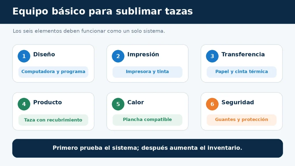 Infografía sobre qué se necesita para sublimar tazas: computadora, impresora, tinta, papel, taza, plancha y protección.
