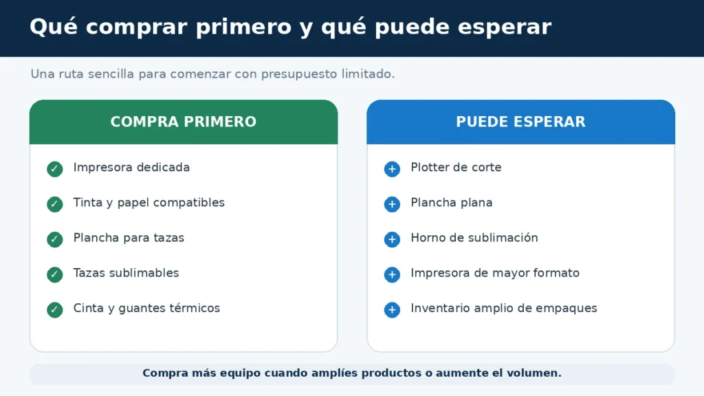 Comparación entre el equipo esencial para comenzar a sublimar tazas y las herramientas que pueden comprarse después.