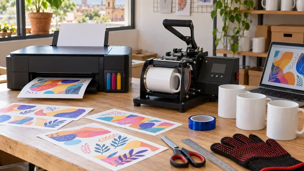 Equipo y materiales que se necesita para sublimar tazas, con impresora, plancha, papel, cinta térmica y tazas blancas.