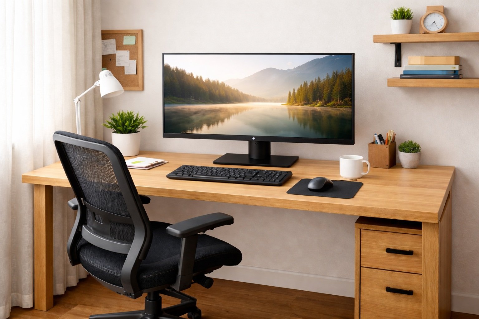 ergonomía del escritorio en casa con monitor a la altura correcta y espacio de trabajo organizado