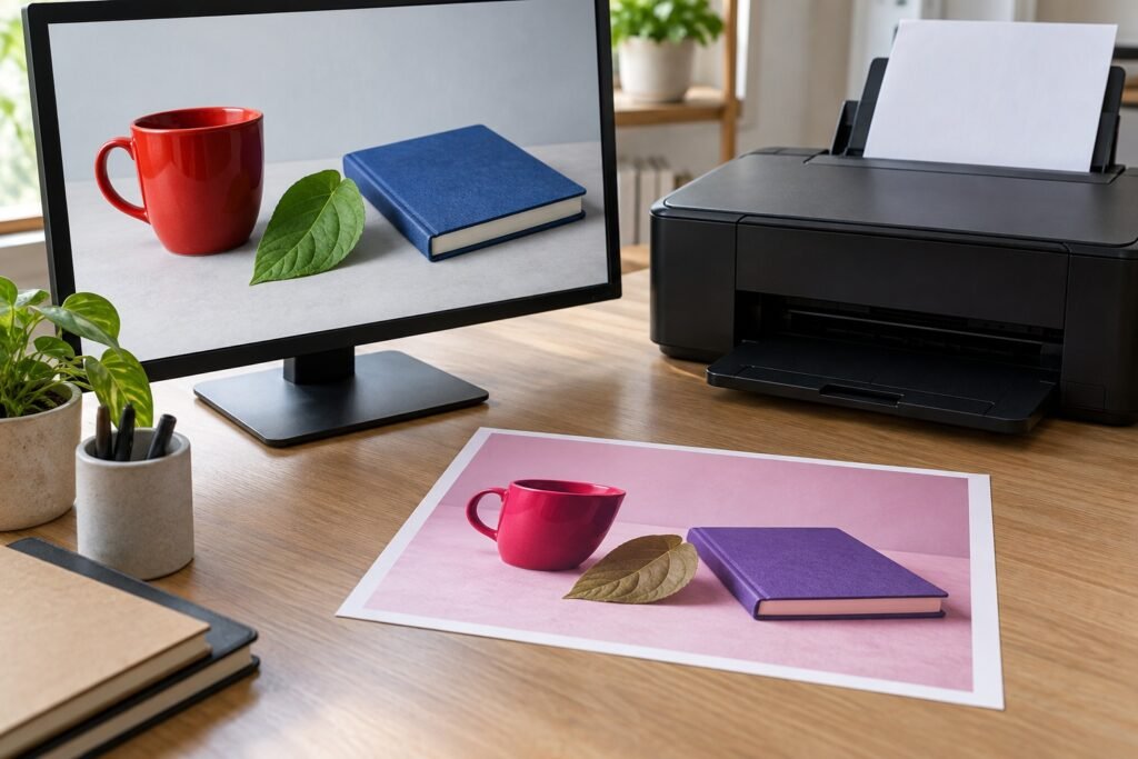 Monitor e impresión de una misma escena con diferencias de color, junto a una impresora de tinta.