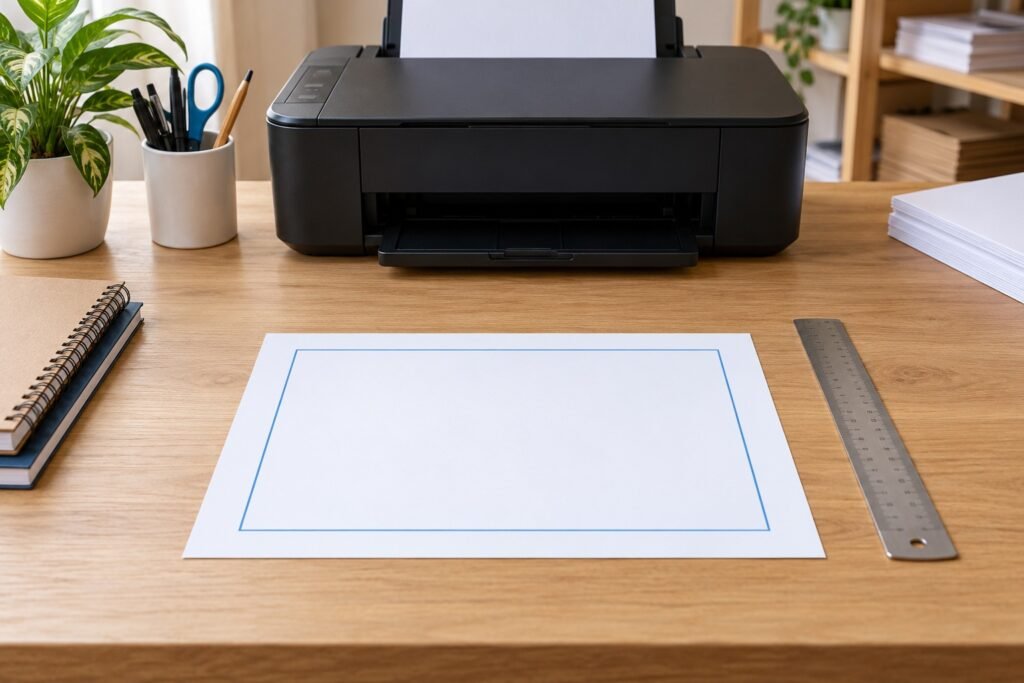 Hoja con un marco impreso completo junto a una regla y una impresora de tinta.