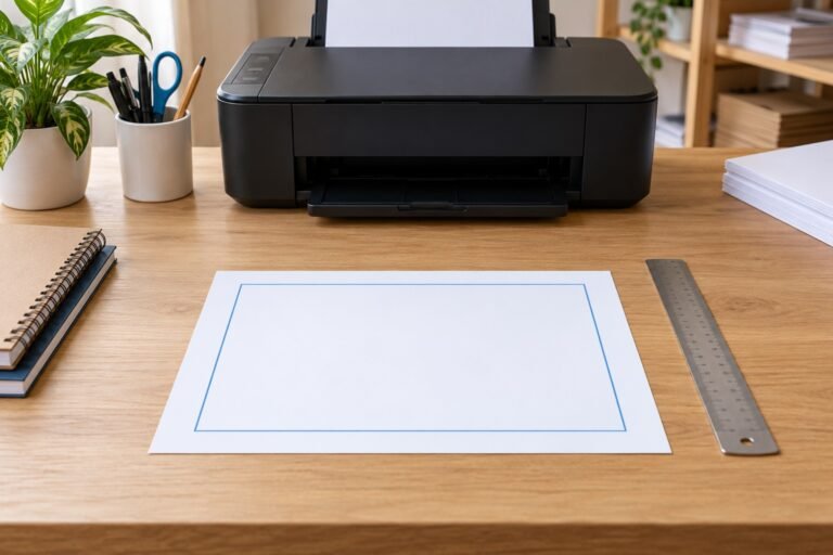 Hoja con un marco impreso completo junto a una regla y una impresora de tinta.