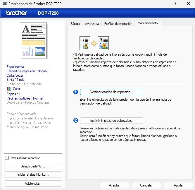Pestaña Mantenimiento de la Brother DCP-T220 con opciones para verificar la calidad de impresión y limpiar cabezales.