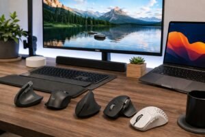 mouse ergonómico en escritorio de home office moderno