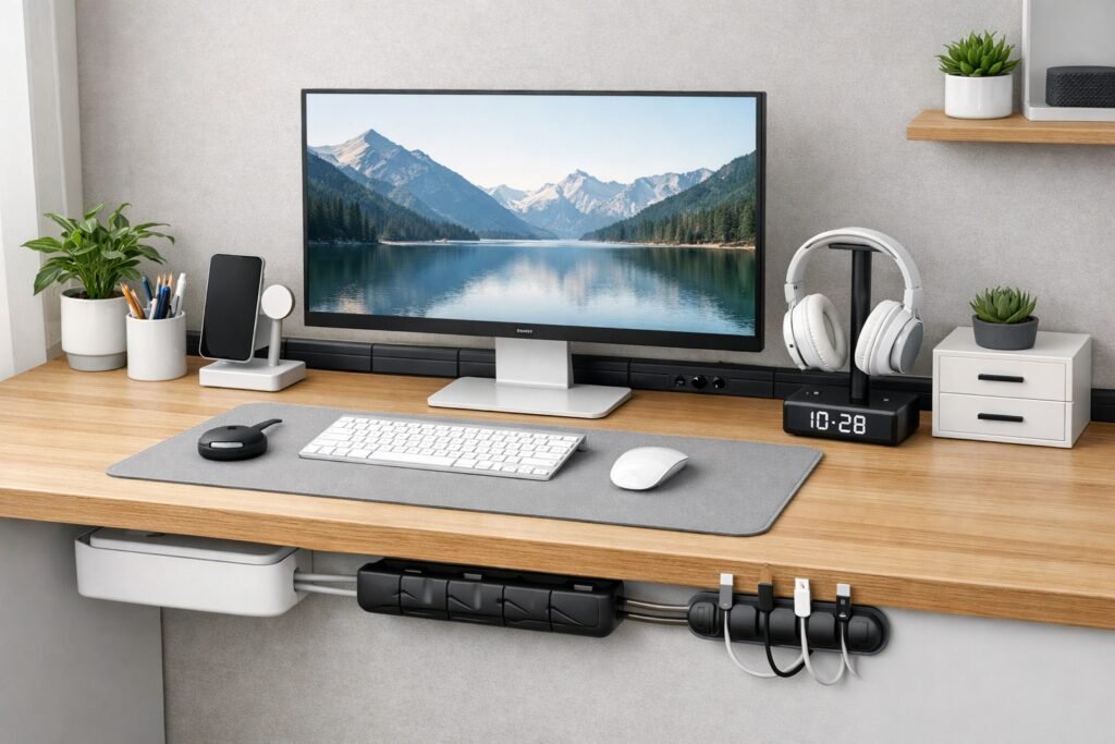 escritorio organizado con cables ocultos y accesorios de oficina