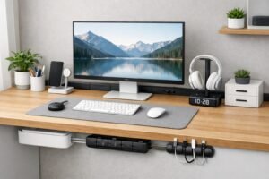 escritorio organizado con cables ocultos y accesorios de oficina
