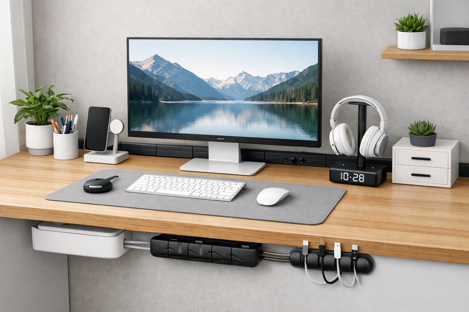 escritorio organizado con cables ocultos y accesorios de oficina