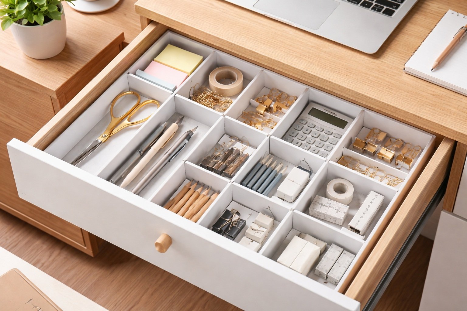 organizadores para cajones de escritorio organizando útiles de oficina en compartimentos