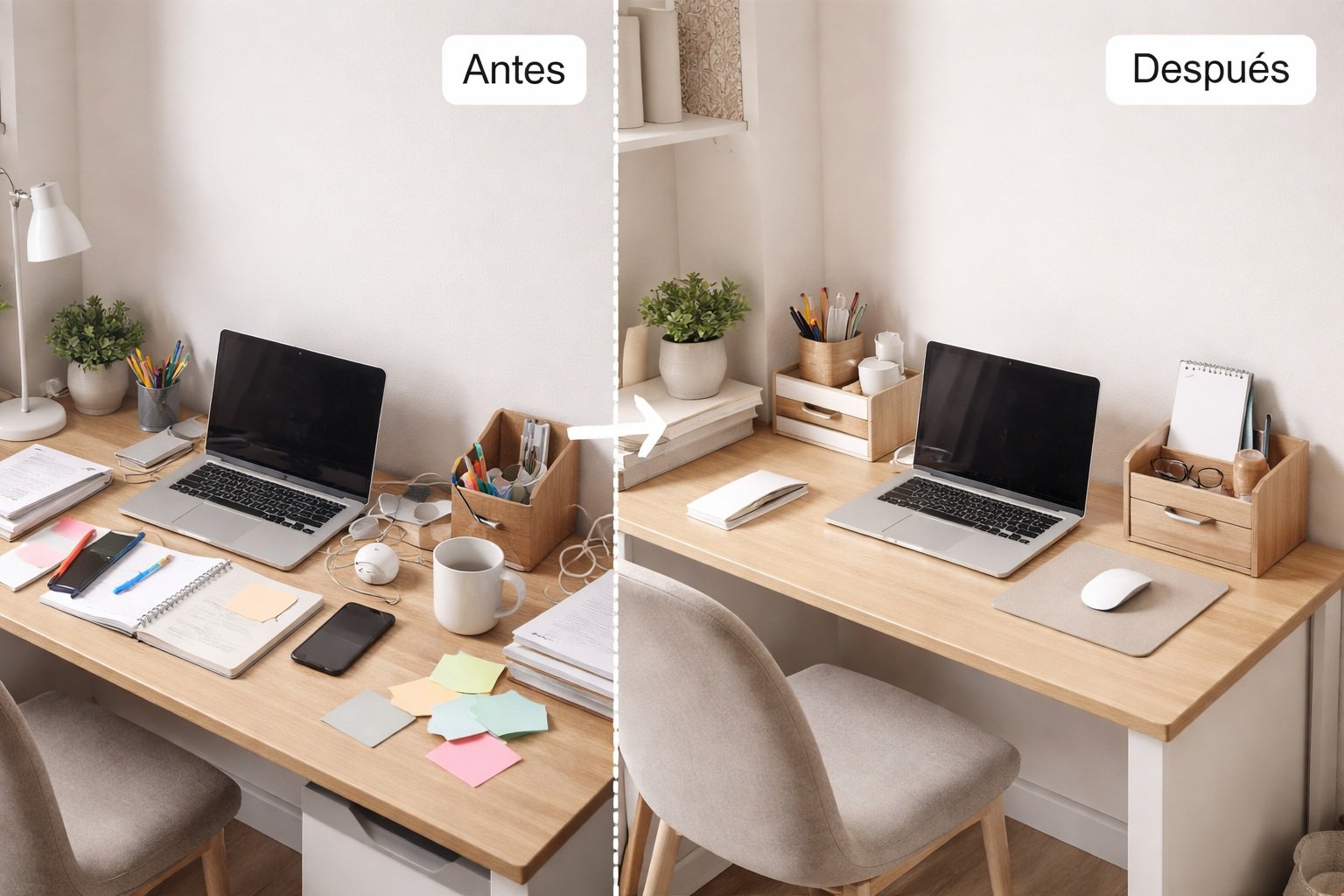 Escritorio pequeño organizado paso a paso con espacio optimizado