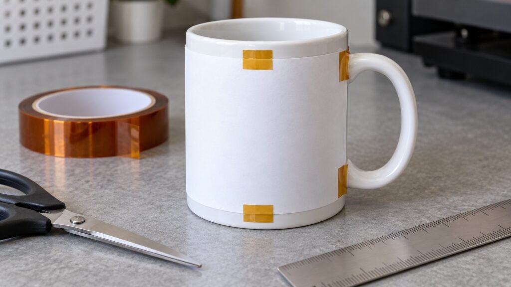 Papel de sublimación ajustado a una taza y sujeto con cinta térmica en los bordes