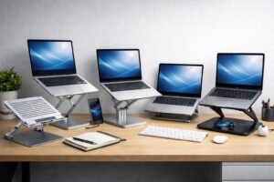 laptop sobre soportes ergonómico en escritorio moderno
